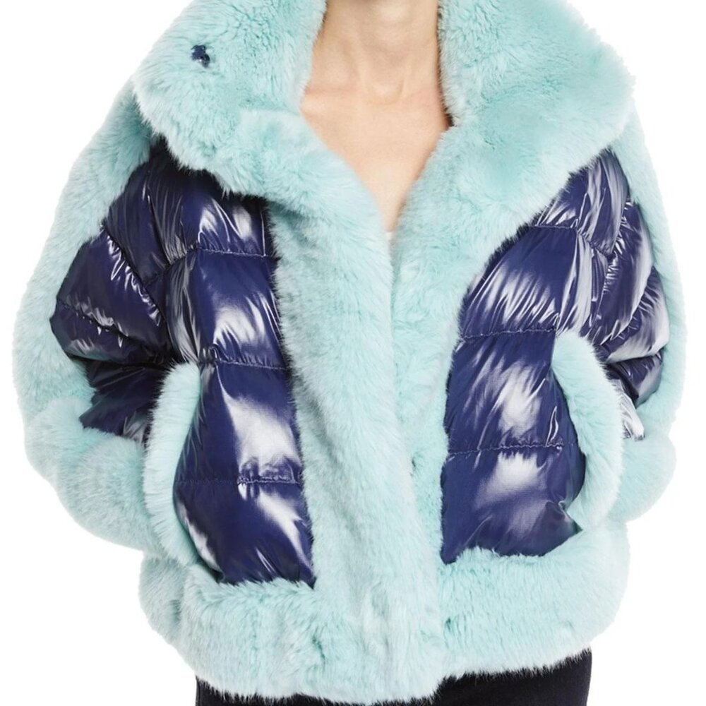 Opening Ceremony Colorblock Faux Fur Down Puffer Jacket, Size XS